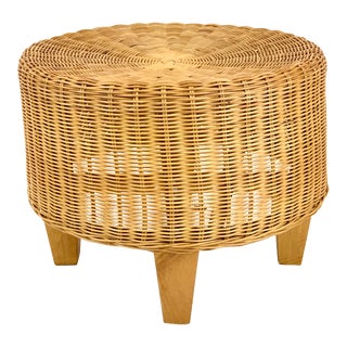 Vintage 1980s Danish Round Wicker & Bamboo Footstool For Sale