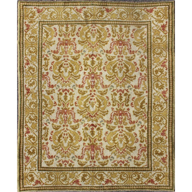 1930s Spanish Rug With Floral Yellow Green, Light Brown, Acid Green and Coral For Sale
