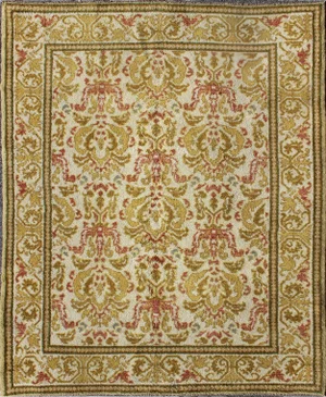 1930s Spanish Rug With Floral Yellow Green, Light Brown, Acid Green and Coral