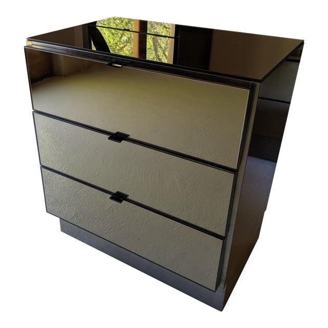 1980s Ello Gunmetal Stainless & Smoked Mirror Three Drawer Night Stand or Cabinet, Attributed For Sale