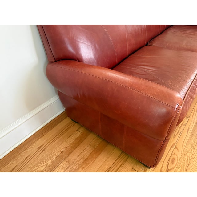 Art Deco Vintage Ralph Lauren Style Distressed Art Deco Leather Sofa For Sale - Image 3 of 17