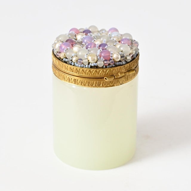 Opaline celadon glass box with beaded lid. Made in Italy in the 1950s/1960s, attibuted to Vincenzo Nason. This piece is...