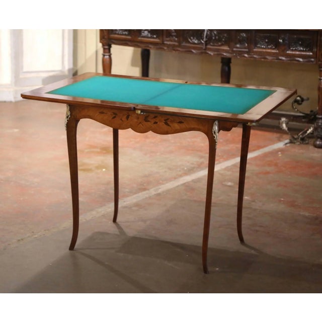 19th Century French Louis XV Walnut Marquetry Folding Game Table With Felt For Sale - Image 11 of 12