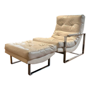 Mid Century Modern Chrome Flat Bar Scoop Lounge Chair and Ottoman Attr. To Milo Baughman