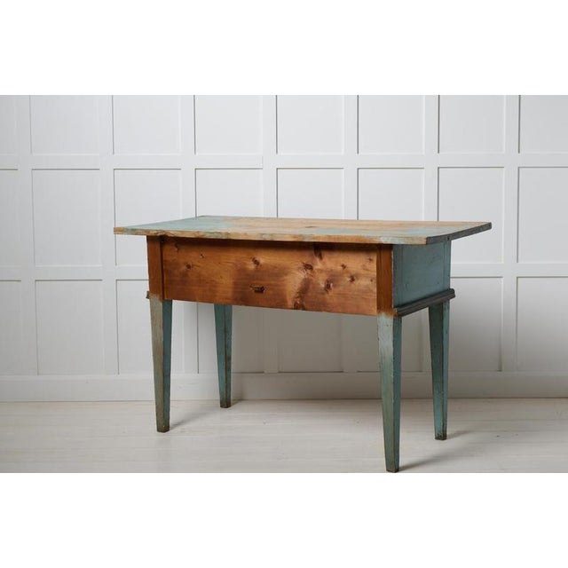 Antique Classic Folk Art Gustavian Swedish Turquoise Table with a Drawer For Sale - Image 5 of 10