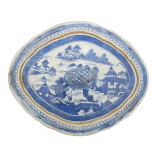 Chinese Export 19thc Canton Blue Village Porcelain Oval Serving Bowl With Lid For Sale