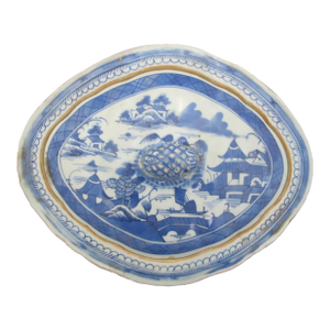 Chinese Export 19thc Canton Blue Village Porcelain Oval Serving Bowl With Lid