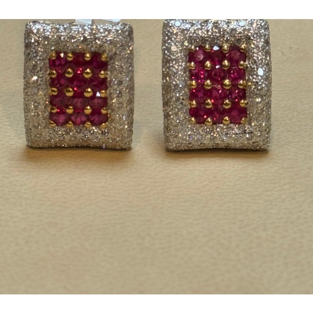 2010s Estate 3 Ct Ruby & 3 Ct Diamonds Square Post Earrings 18 Karat Yellow Gold 13.5G For Sale - Image 5 of 18