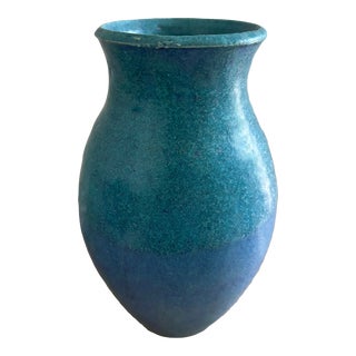 Vintage 2-Tone Turquoise Blue Studio Pottery Vase, Stamped and Initialed For Sale