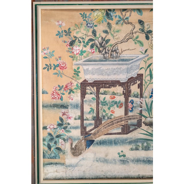 Modern 18th Century Chinese Watercolor Wallpaper Painting Bird of Paradise Floral Garden For Sale - Image 3 of 15
