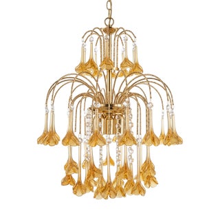 Vintage Gold Rain Chandelier with Crystals and Murano Glass Flowers, Italy, 1966 For Sale