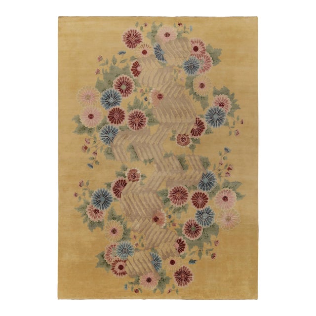 Rug & Kilim Chinese Style Art Deco Rug in Gold with Red & Blue Floral Patterns - 12'x18' For Sale