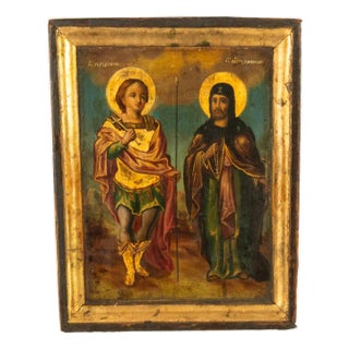 Antique Greek Orthodox Gilded Hand-Painted Egg Tempera Double Sided Icon, 1850 For Sale