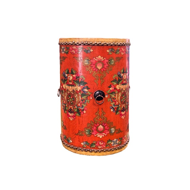 Asian Distressed Orange Tibetan Style Jewel Tower Graphic Round Drum Table For Sale - Image 3 of 8