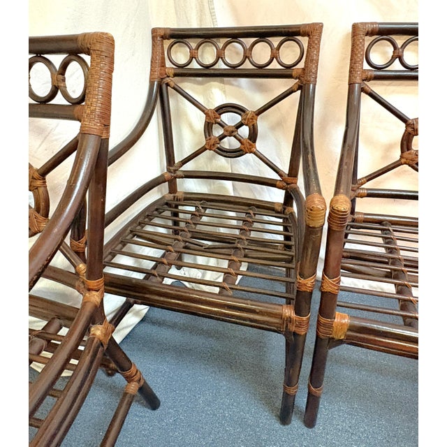 Late 20th Century Vintage McGuire Inspired Target Back Style Bamboo and Rawhide Wrapped Arm Chairs With Cushions- Set of 4 For Sale - Image 5 of 18