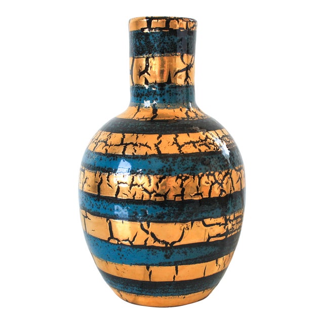 Italian Gold and Teal Crackle Pottery Vase For Sale