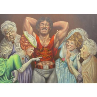 Vintage Robert Nippress Satirical Oil on Canvas - Blackburn's Traveling Menagerie For Sale