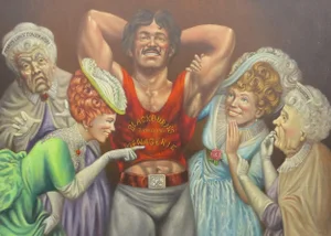 Vintage Robert Nippress Satirical Oil on Canvas - Blackburn's Traveling Menagerie