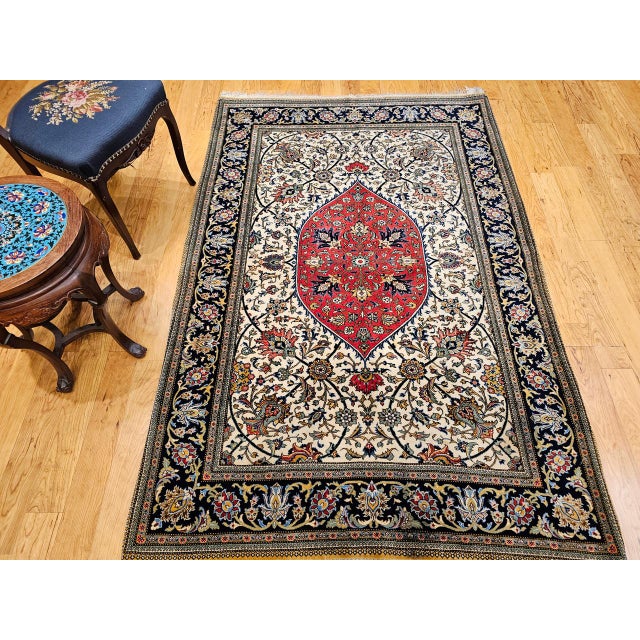 Vintage Qum Area Rug, Hand-Knotted Wool & Silk, Floral Medallion Pattern, 5x7, Ivory & Red For Sale - Image 10 of 18