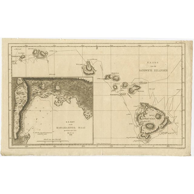 Antique map titled 'Kaart van de Sandwich Eilanden'. Map of the Hawaiian Islands with a large inset of Karakakooa Bay,...