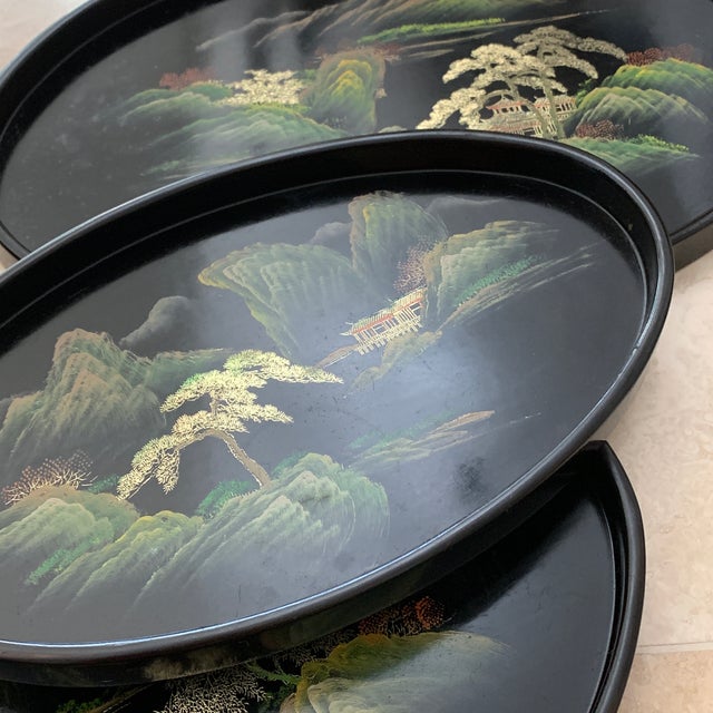 Vintage Japanese Black Lacquer Painted Nesting Trays Oval Set of 3