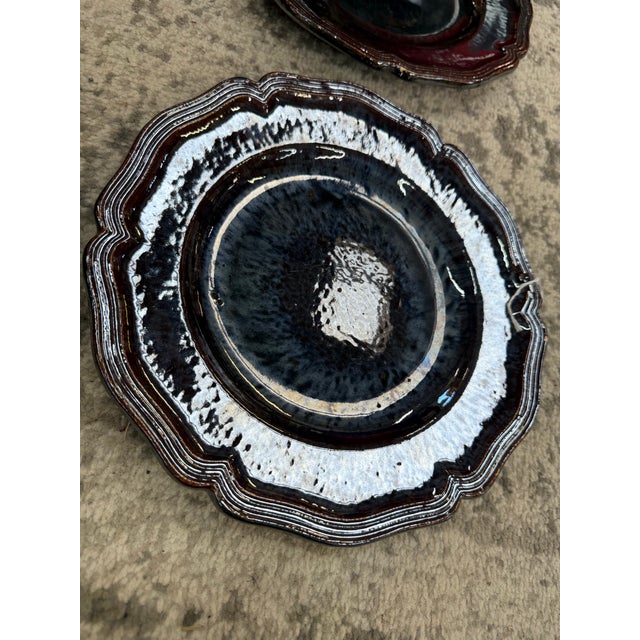 French Set of 6 Antique French Dieulefit Pottery Plate W/Reactive Glaze & Fluted Rim For Sale - Image 3 of 6