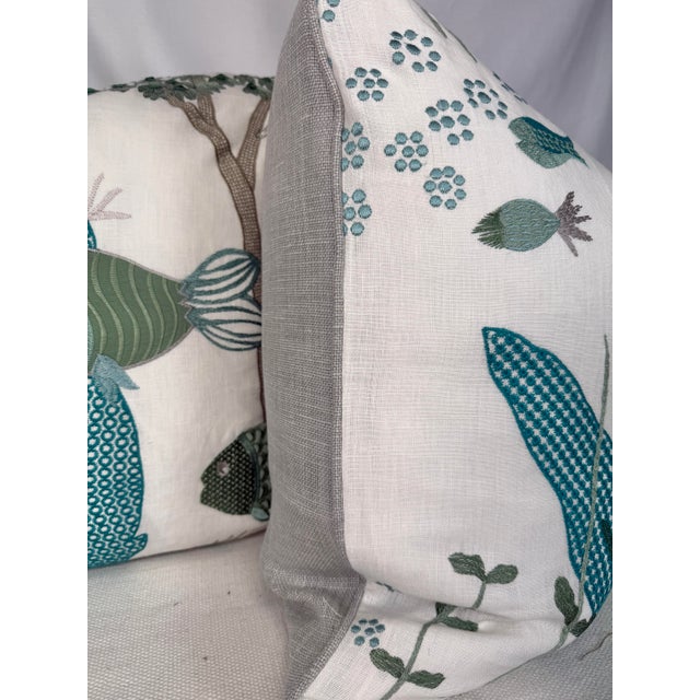 Custom pair of 22" pillows covered in Brunschwig & Fils "Lyford Cay" in seafoam embroidered linen fabric and backed in a...