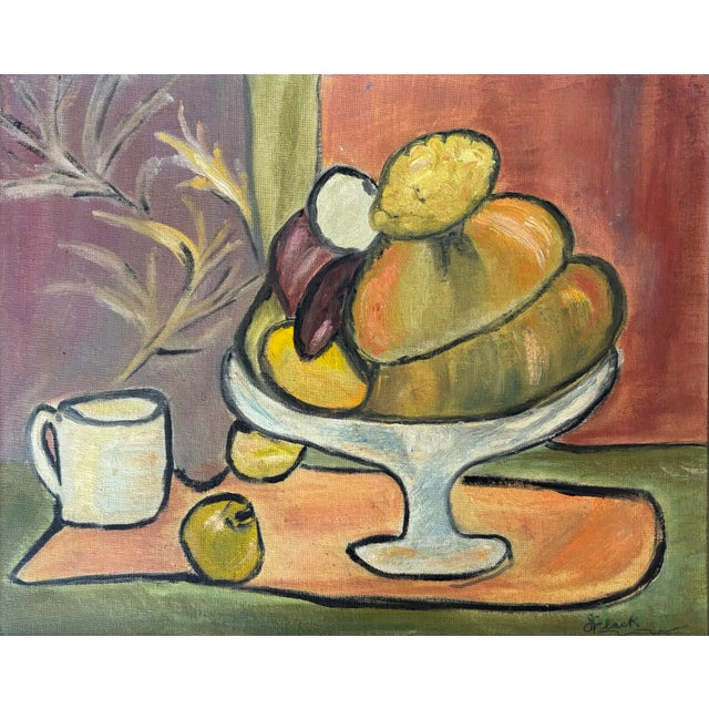 Midcentury framed oil on canvas still life by artist S. Flack, featuring an interior tabletop with bread, fruit, and a...