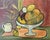 Midcentury framed oil on canvas still life by artist S. Flack, featuring an interior tabletop with bread, fruit, and a...