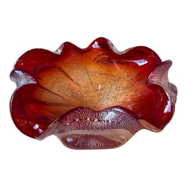 Vintage Red and Silver Leaf Murano Glass Style Bowl For Sale