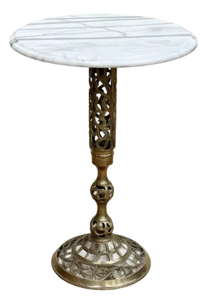 Vintage French Style Marble Top Brass Filigree Side Table