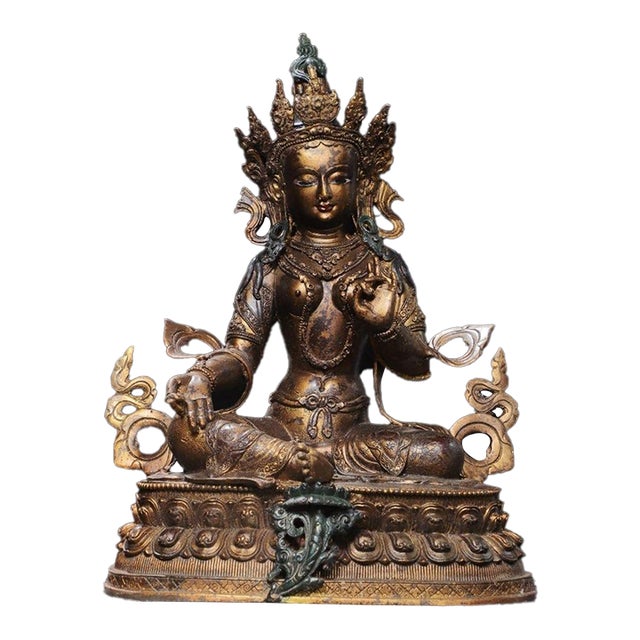 Large Vintage Gilt Bronze Green Tara Statue / Tibetan Buddhist Figure For Sale