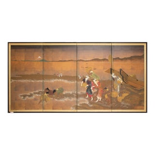 After Hokusai "View of Gathering Shellfish at Low Tie", Shōwa Era Japanese Byobu Screen For Sale