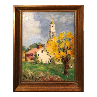 Pastoral Oil on Board of Church For Sale