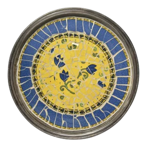 Vintage Round Silver Plated Blue and Yellow Floral Mosaic Tile Tray
