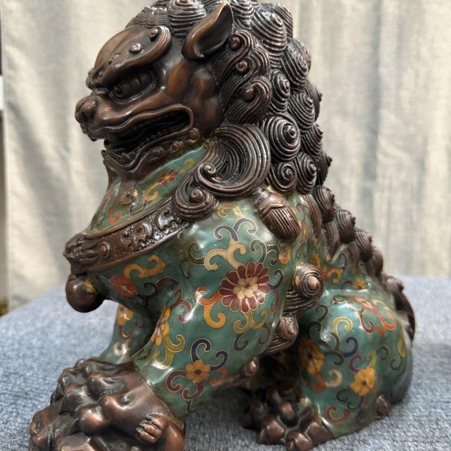 Pair of Large Chinese Cloisonné Enamel Buddhist Lion Statues For Sale - Image 9 of 9