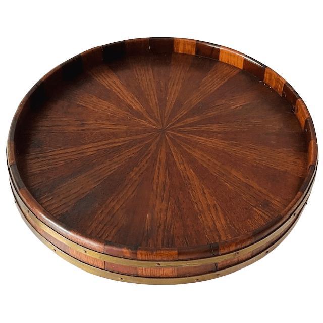 Special antique Edwardian wooden tray with sunburst motif and brass band from around 1900. This tray resembles the lid of...