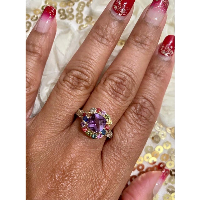 2.38 Carat Amethyst Sapphire Diamond Yellow Gold Cocktail Ring For Sale In Los Angeles - Image 6 of 8