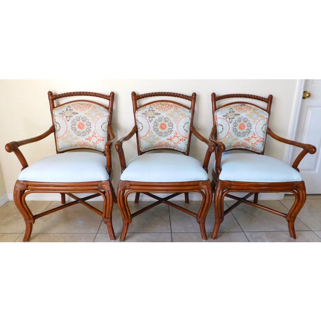 Set of 3 Palecek Rattan Barley Twist Upholstered Accent Arm Chairs For Sale - Image 12 of 12