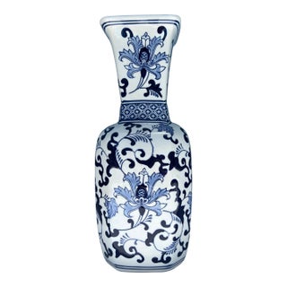 Vintage Floral Blue & White Vase For Sale