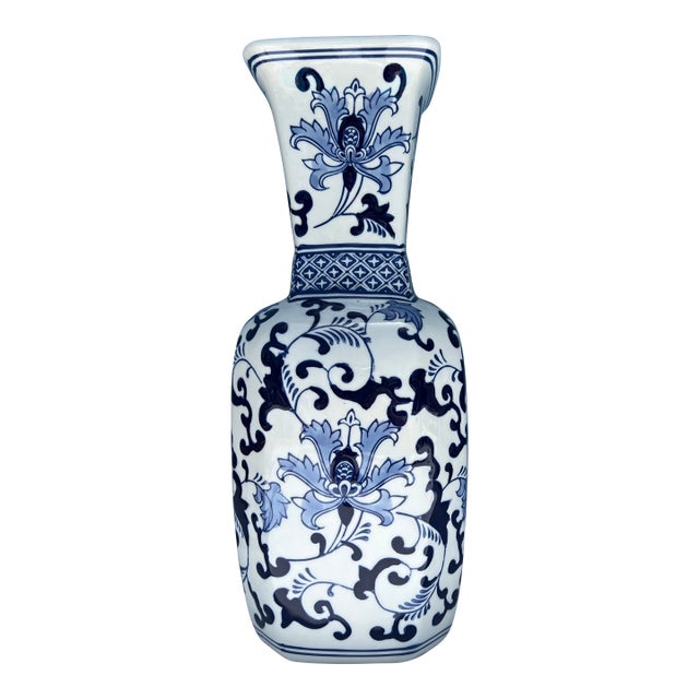Vintage Floral Blue & White Vase For Sale