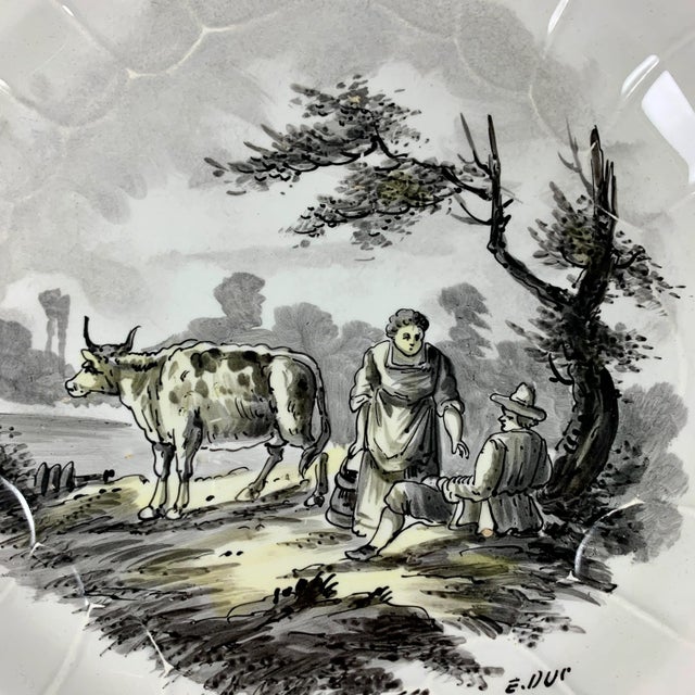 Ceramic French Faïence Hand Painted Romantic Grisaille & Cirage Plates, S/6 For Sale - Image 7 of 13