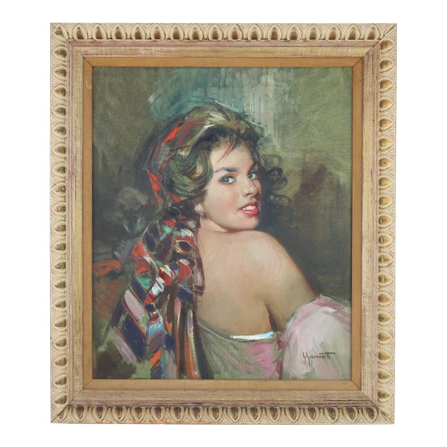 Giordano Giovanetti Italian Portrait Painting of an Exotic Woman, 1950's For Sale