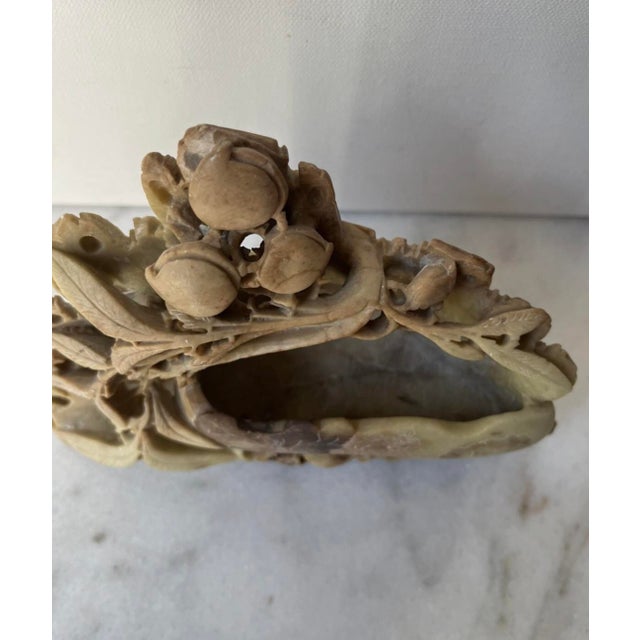 Vintage Chinese Hand-Carved Soapstone Brush Pot and Inkwell Featuring Intricate Openwork Foliage and Fruit Accents For Sale - Image 13 of 13