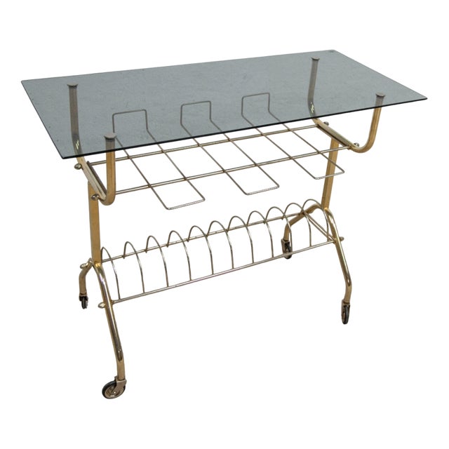 Rolling Record Storage Cart with Smoked Glass Top, 1970s For Sale