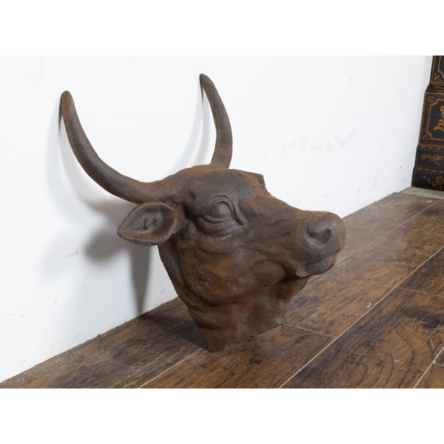 English 1930s-1940s Cast Iron Bull Wall Hanging Sculpture with Rusty Patina For Sale - Image 10 of 11