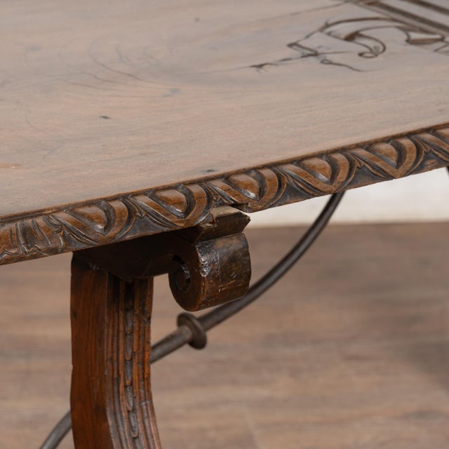 Brown 19th Century Walnut Writing Table With Carved Family Crest, Spain For Sale - Image 8 of 12