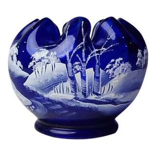 Vintage MCM Fenton Cobalt Glass Vase Ruffled Rose Bowl For Sale