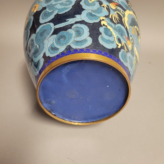 Chinese Cloisonné Vase With Dragon and Phoenix on Blue Ground, Mid-20th Century For Sale - Image 13 of 13