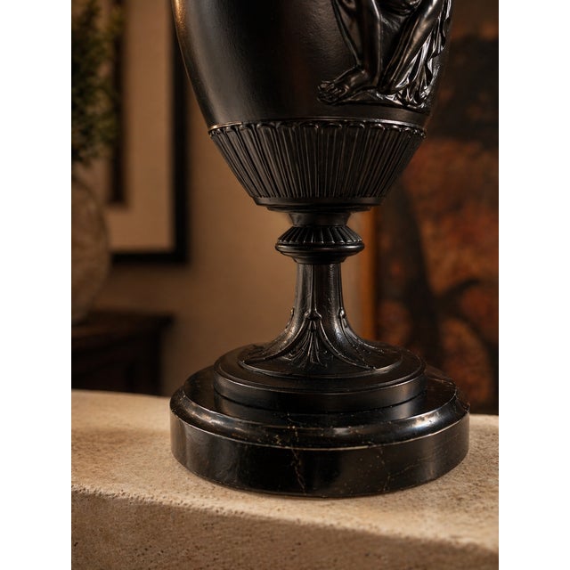 Late 20th Century Neoclassical Black Urn Table Lamps With Figural Relief - a Pair For Sale - Image 4 of 6